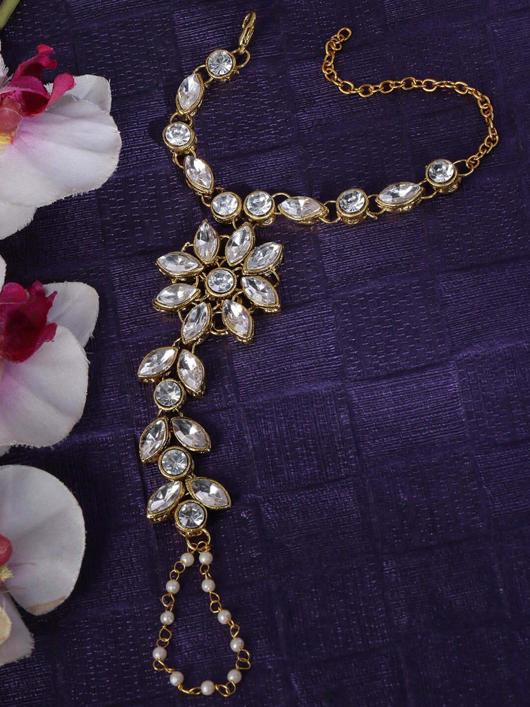

LIVE EVIL Women White & Gold-Toned Kundan Studded Single Finger Hath Phool Bracelet