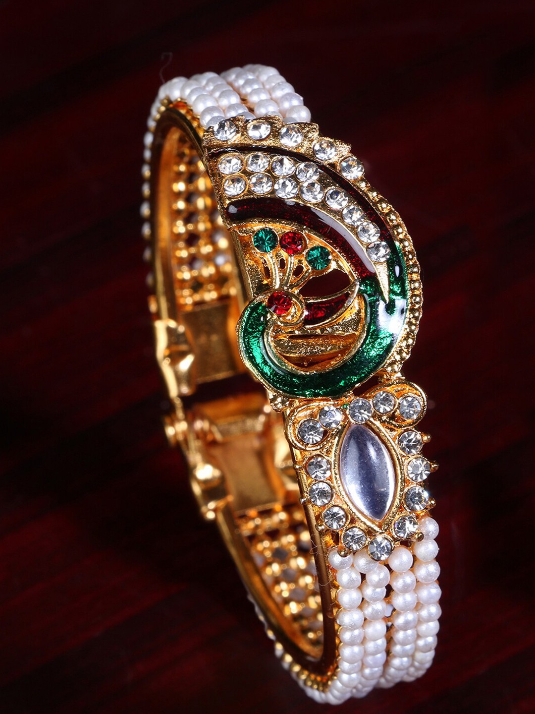 

LIVE EVIL Women White Pearl & Stone Studded Peacock Kada Bangle