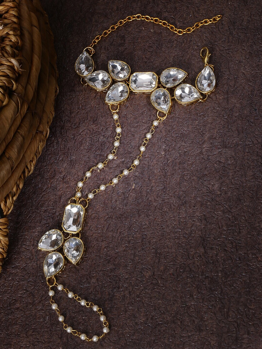 

LIVE EVIL Women White & Gold-Toned Kundan Studded Single Finger Hath Phool Bracelet