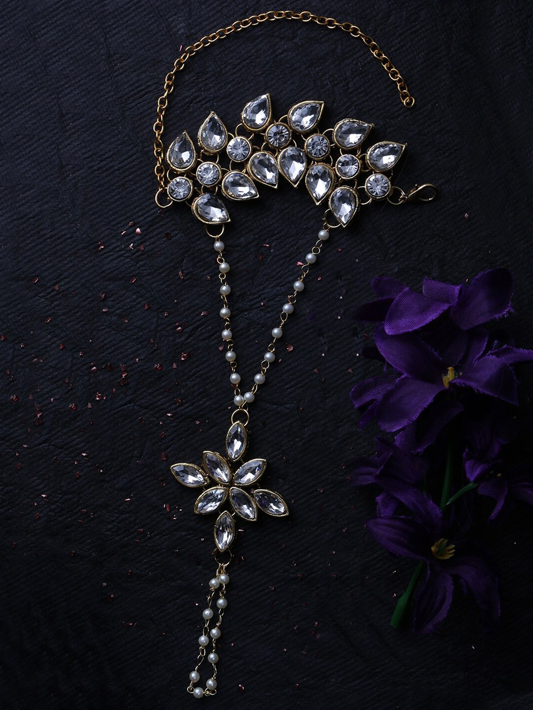 

LIVE EVIL Women Gold-Toned & White Kundan Gold-Plated Ring Bracelet