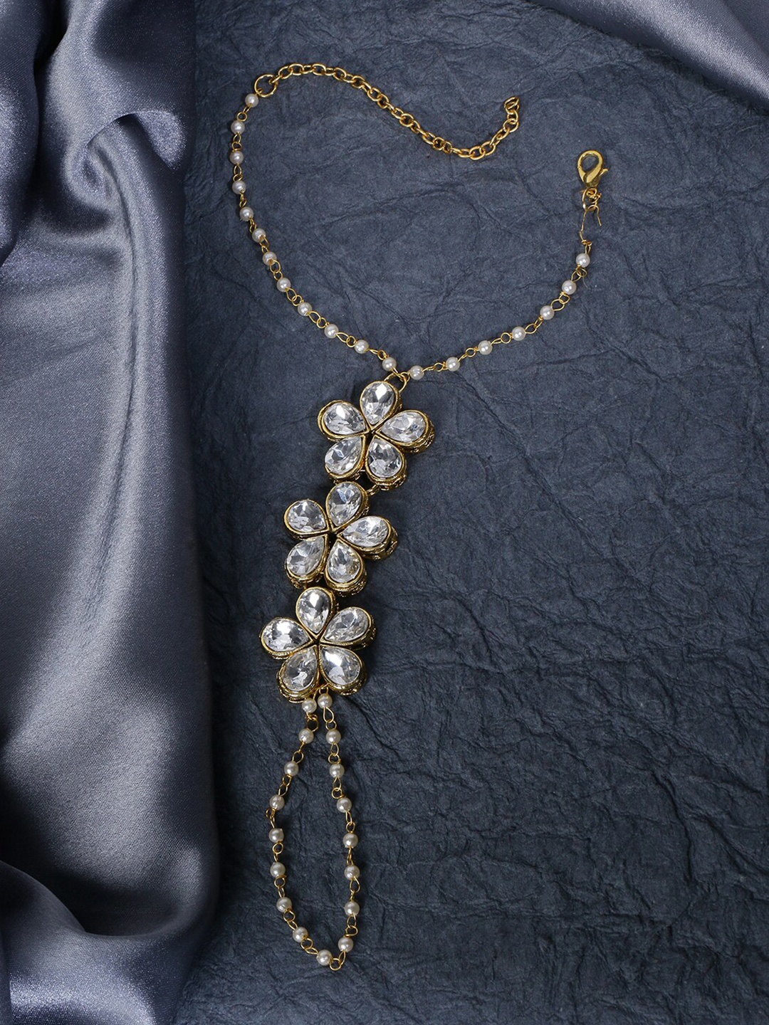 

LIVE EVIL Women White & Gold-Toned Kundan Studded Single Finger Hath Phool Bracelet