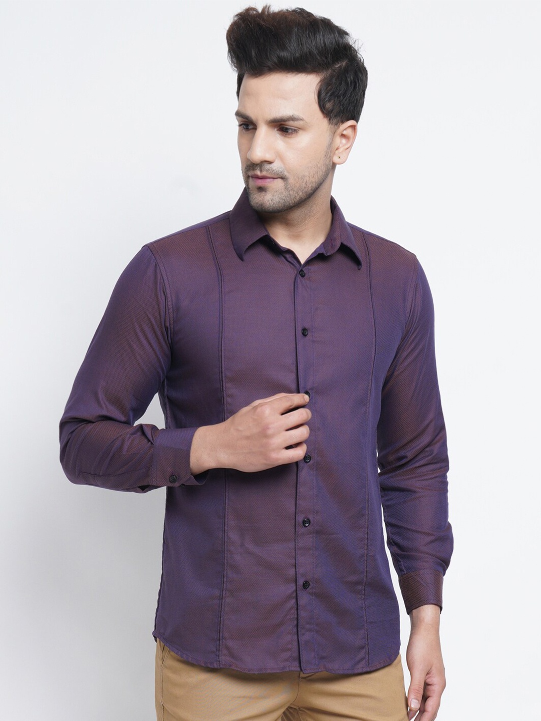 

Purple State Men Purple Textured Slim Fit Cotton Casual Shirt