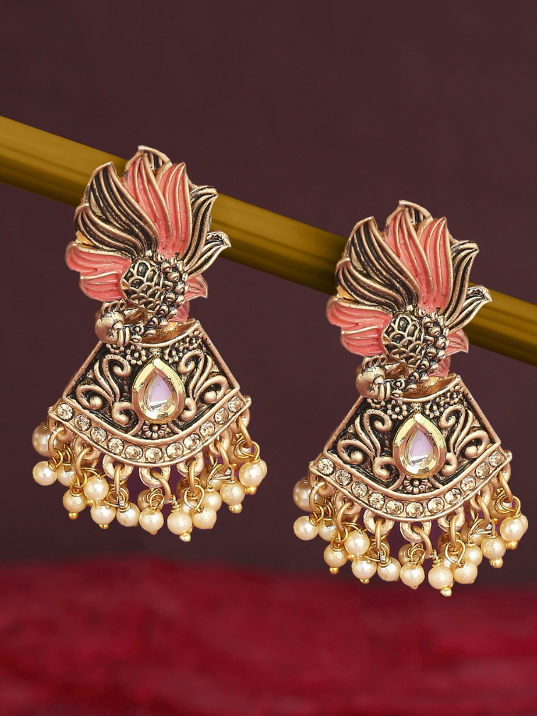 

OOMPH Gold-Toned & Pink Peacock Shaped Drop Earrings