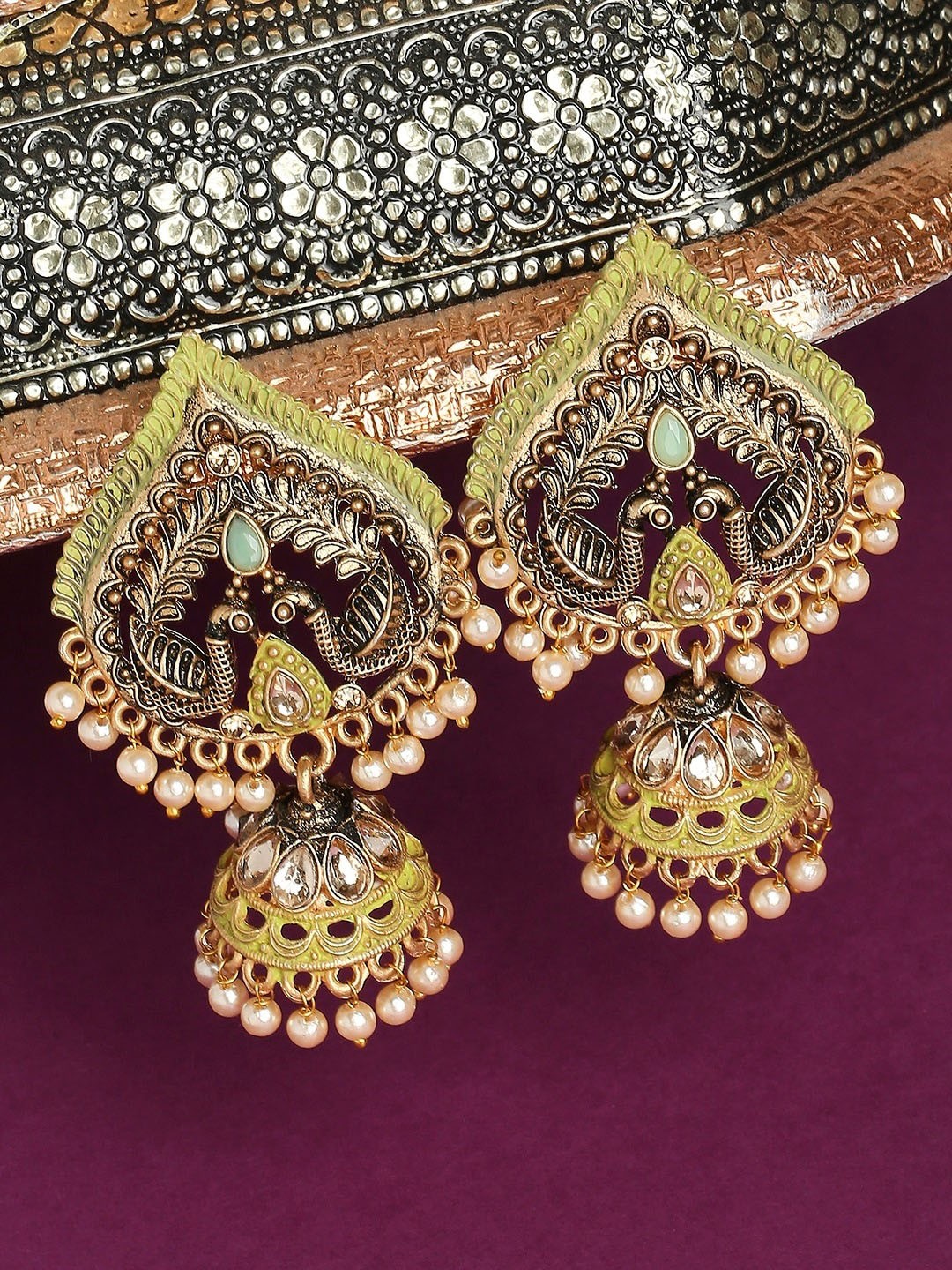 

OOMPH Gold-Toned & Green Peacock Shaped Jhumkas Earrings