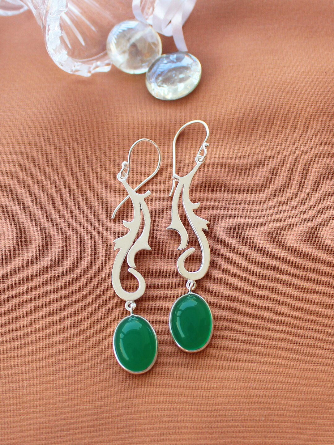 

ERILINE JEWELRY 925 Sterling Silver & Green Oval Shaped Drop Earrings