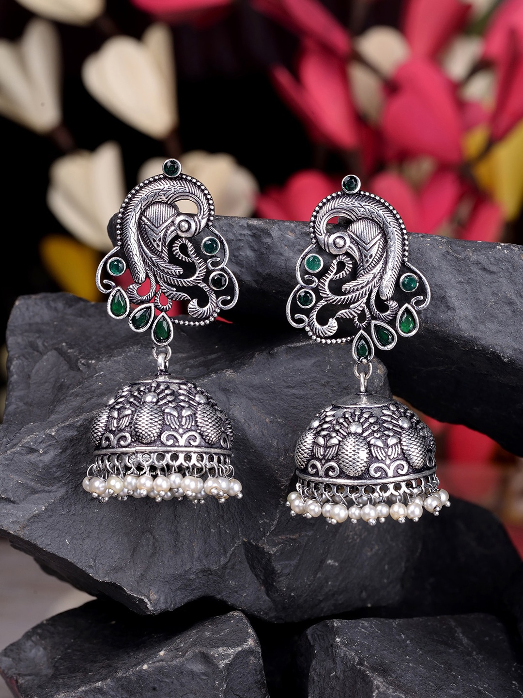 

Saraf RS Jewellery Silver-Toned Peacock Shaped Jhumkas Earrings