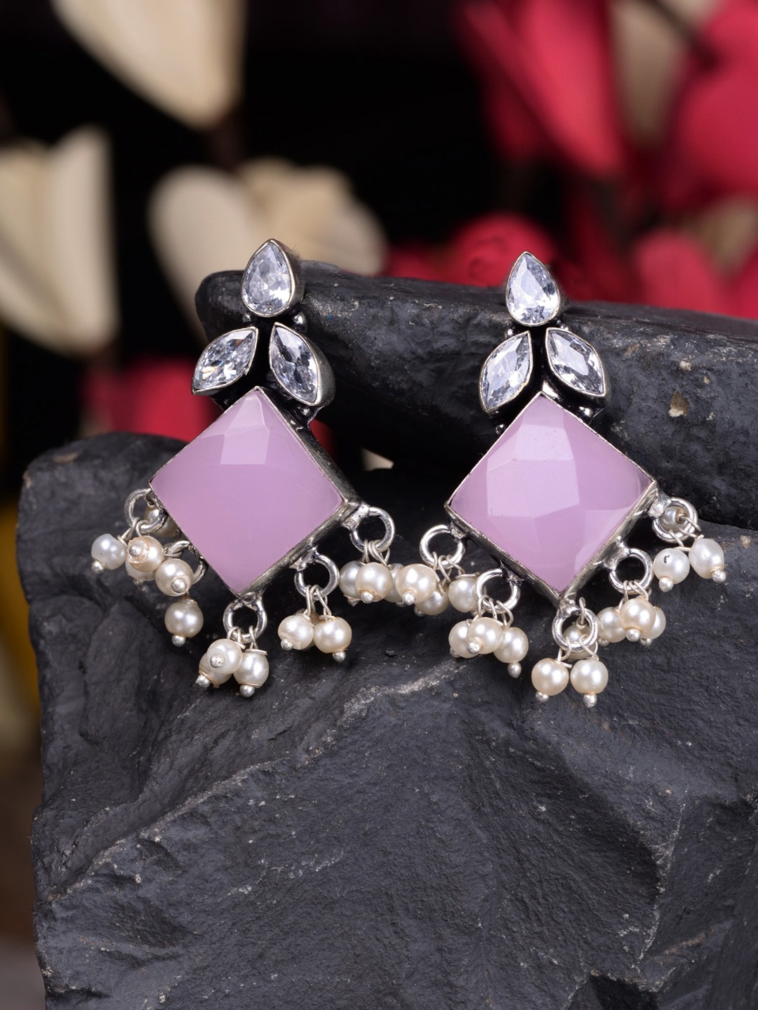 

Saraf RS Jewellery Pink Triangular Drop Earrings