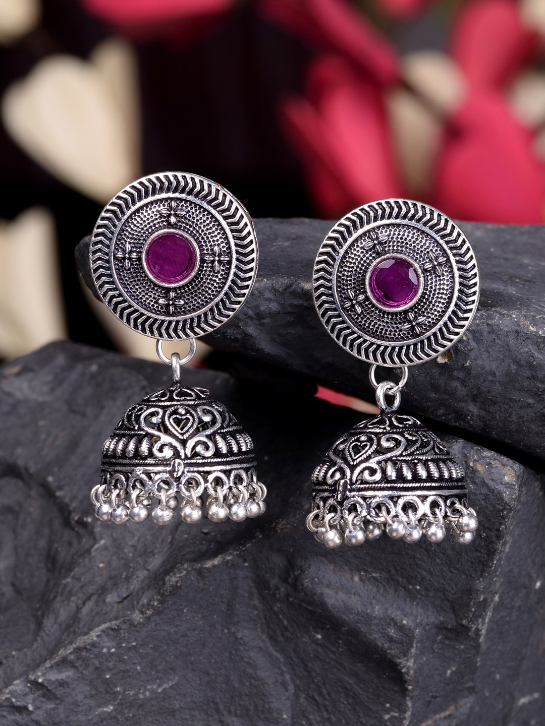 

Saraf RS Jewellery Silver-Toned & Pink Dome Shaped Jhumkas