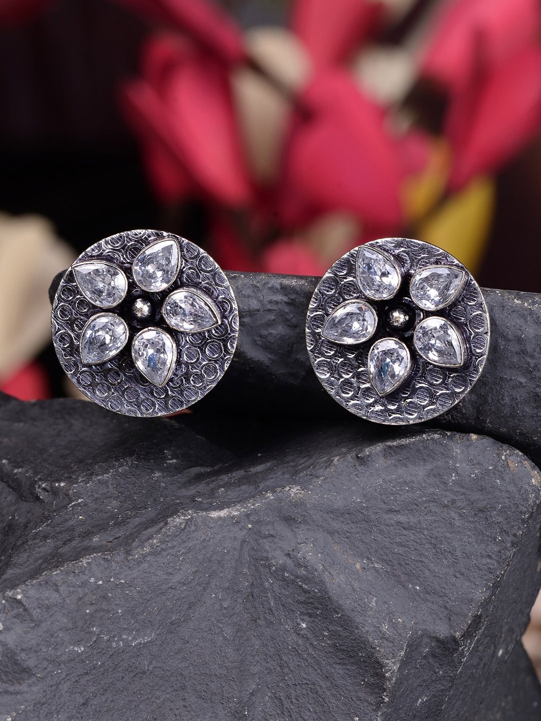 

Saraf RS Jewellery Oxidised Silver Toned With White Stone Circular Studs Earrings