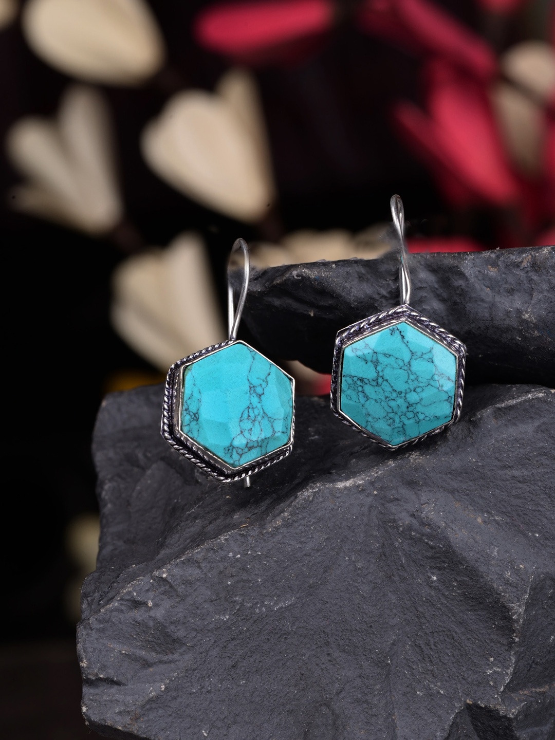 

Saraf RS Jewellery Silver-Plated & Turquoise Blue Geometric Drop Earrings