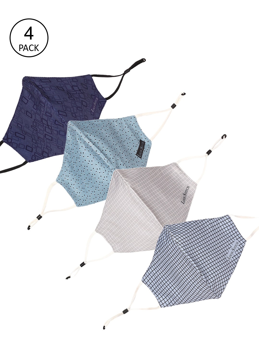 

LOUIS STITCH Men Set of 4 Printed 3-Ply Cotton Foldable Reusable Mask, Multi