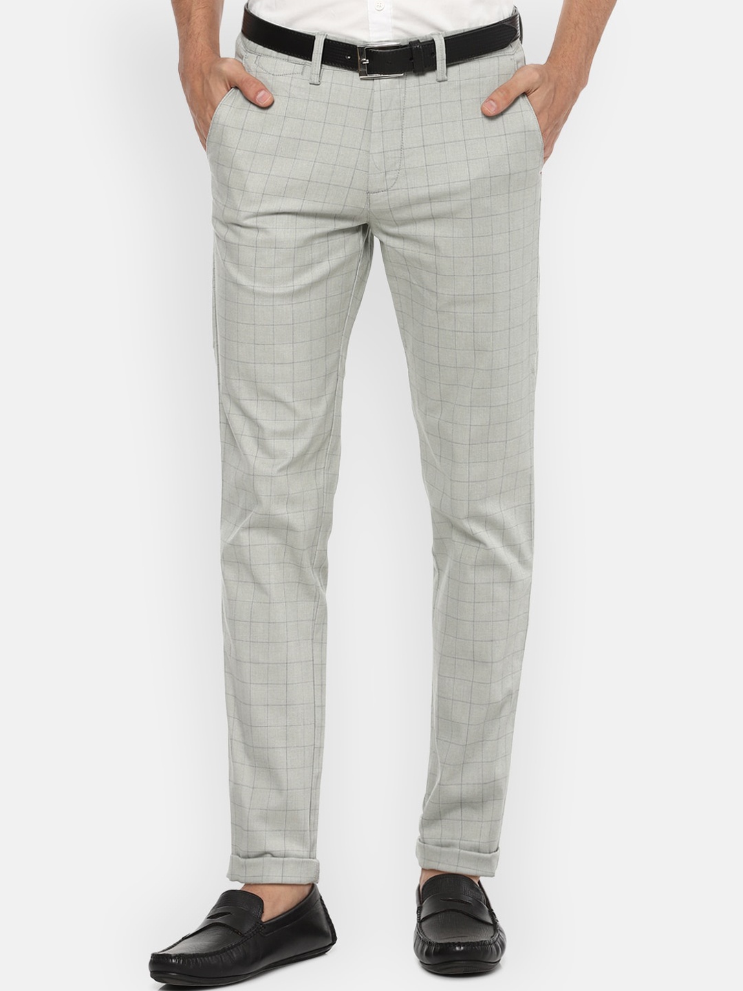 

Louis Philippe Sport Men Grey Windowpane Checks Slim Fit Mid-Rise Plain Regular Trousers