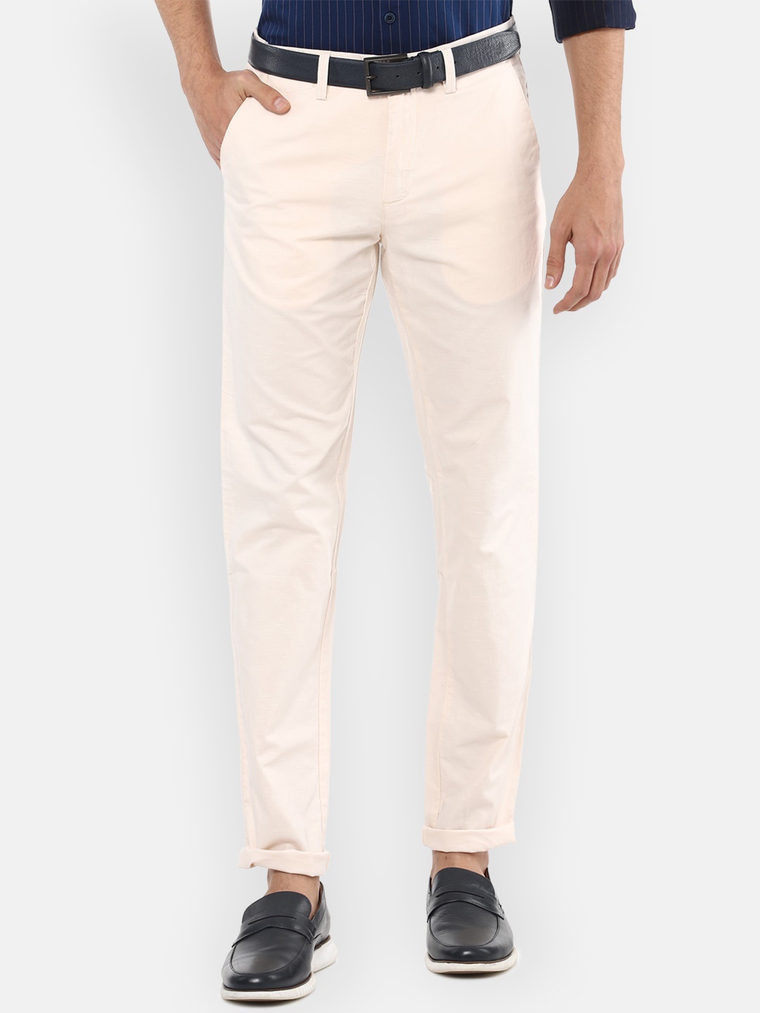 

Louis Philippe Sport Men Cream Pink Solid Slim Fit Mid-Rise Plain Casual Regular Trousers