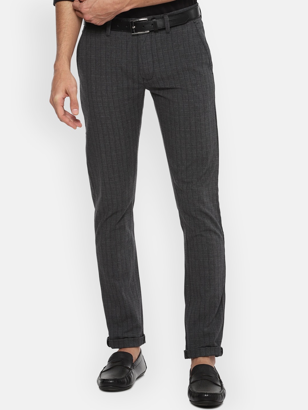 

Louis Philippe Sport Men Charcoal Grey Windowpane Checks Slim Fit Mid-Rise Casual Trousers