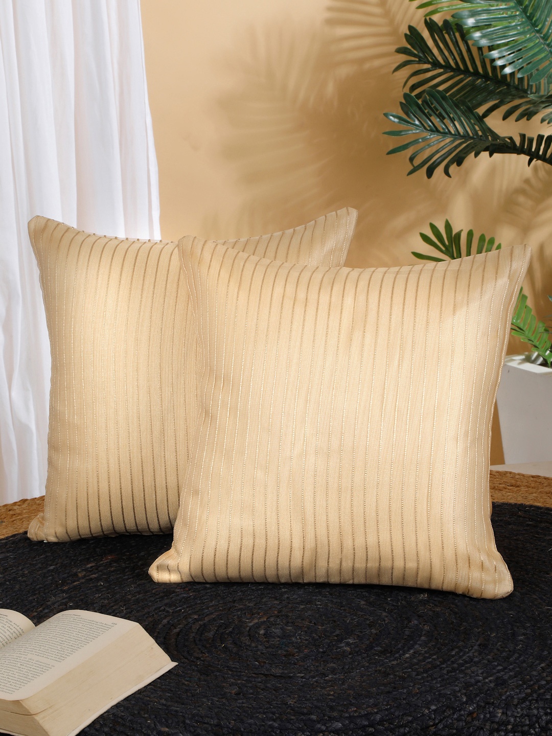 

ROSARA HOME Set Of 2 Gold-Toned Striped Square Cushion Covers
