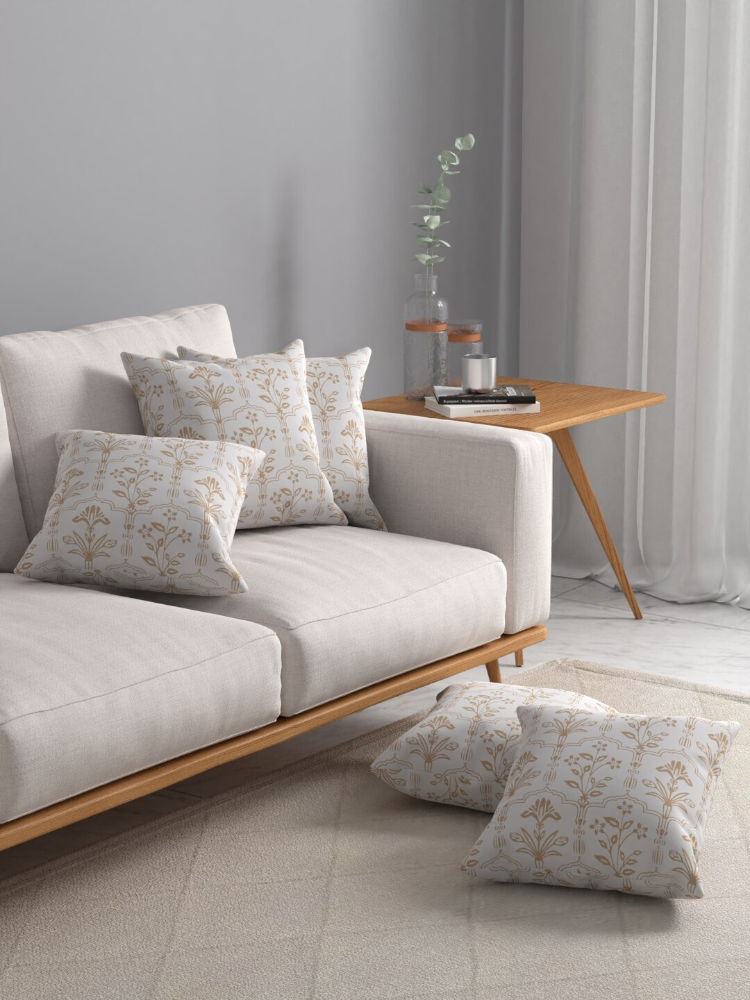 

ROSARA HOME White & Gold-Toned Set of 5 Floral Square Cushion Covers