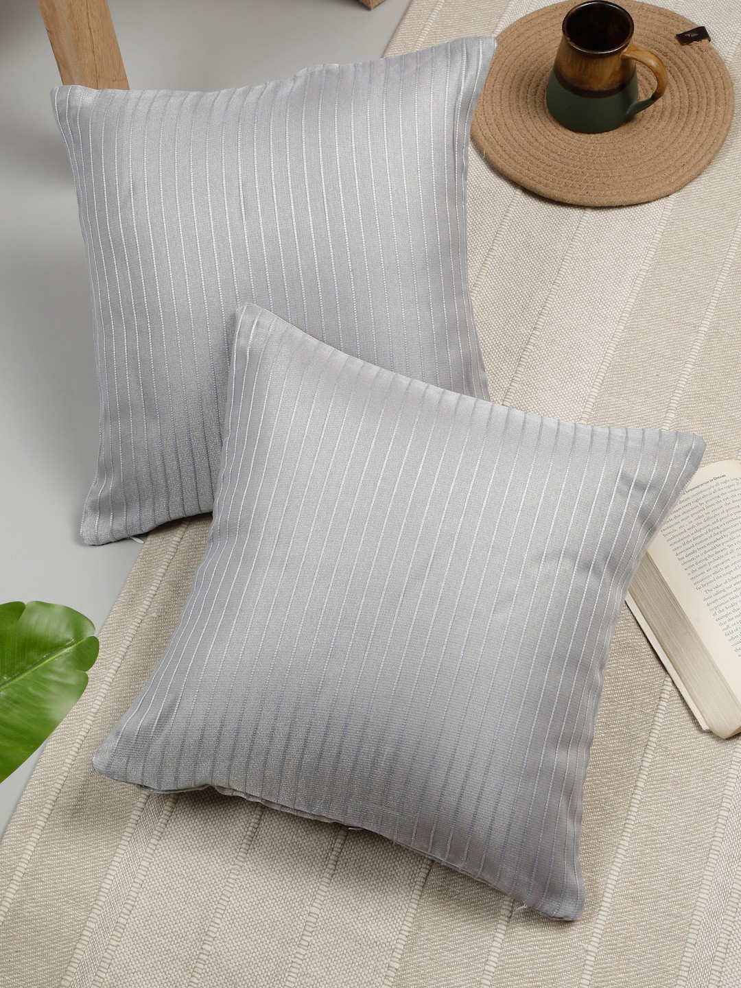

ROSARA HOME Set Of 2 Grey Striped Square Cushion Covers