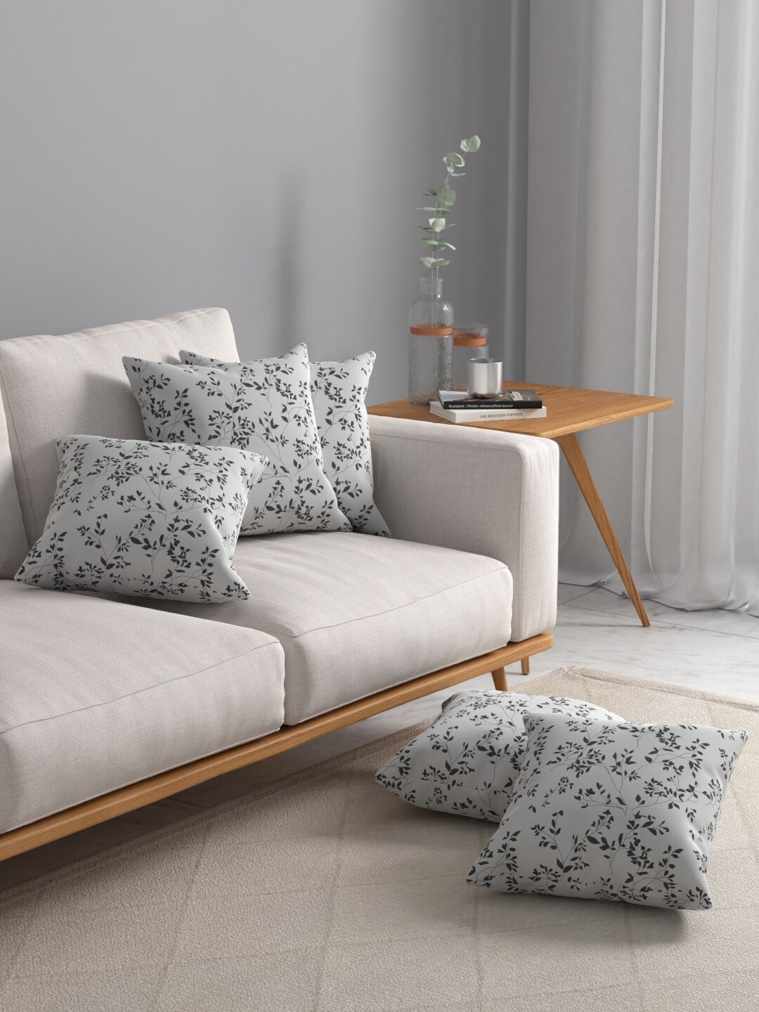 

ROSARA HOME Grey & Black Set of 5 Floral Printed Square Cushion Covers