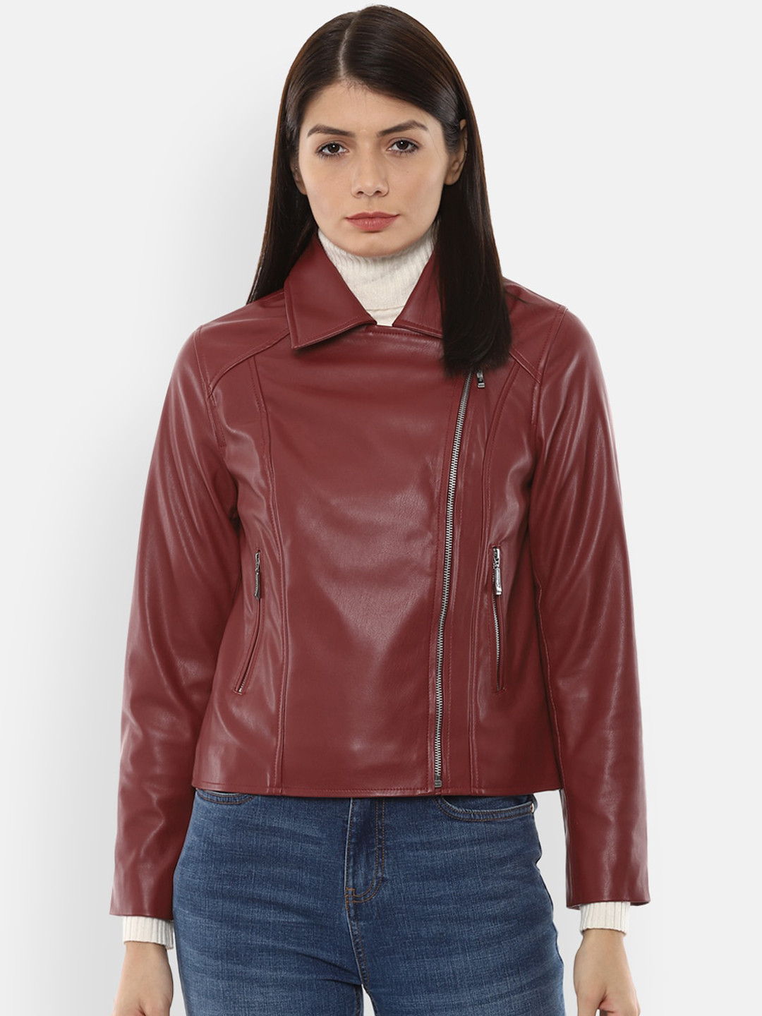 

Van Heusen Woman Maroon Solid Pure Cotton Biker Jacket