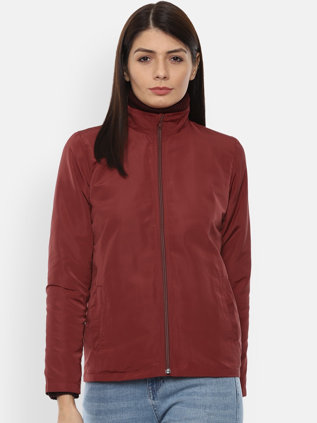 

Van Heusen Woman Women Maroon Solid Cotton Regular Open-Front Jacket