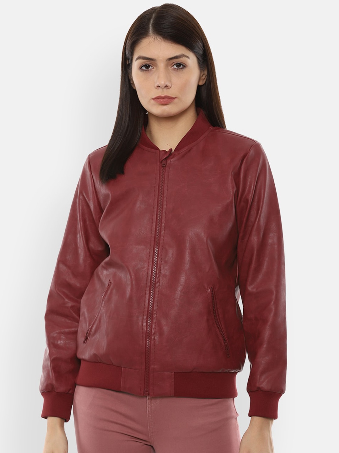 

Van Heusen Woman Maroon Solid Pure Cotton Bomber Jacket