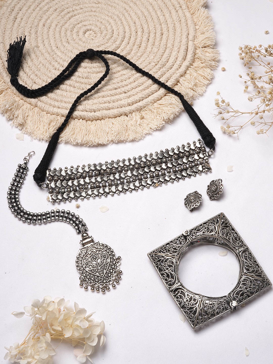

TEEJH Oxidised Silver-Toned Jewellery Set