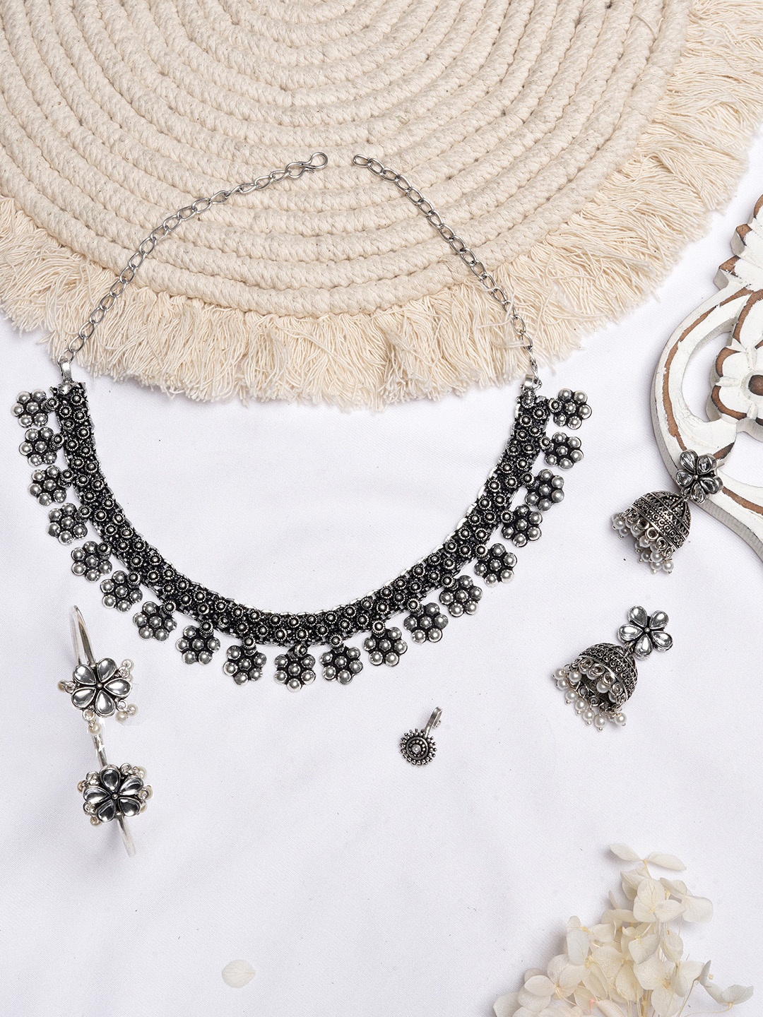 

TEEJH Silver Toned White Stone Studded Oxidised Jewellery Set