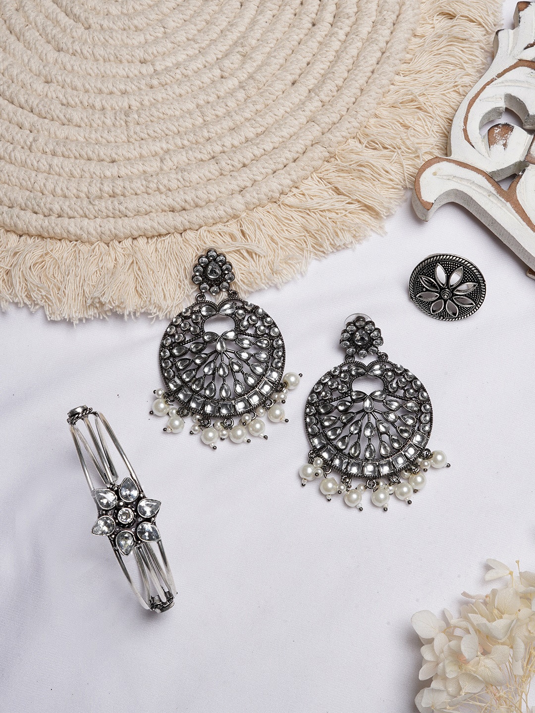

TEEJH Oxidised Silver-Toned & White Stone Studded Jewellery Set