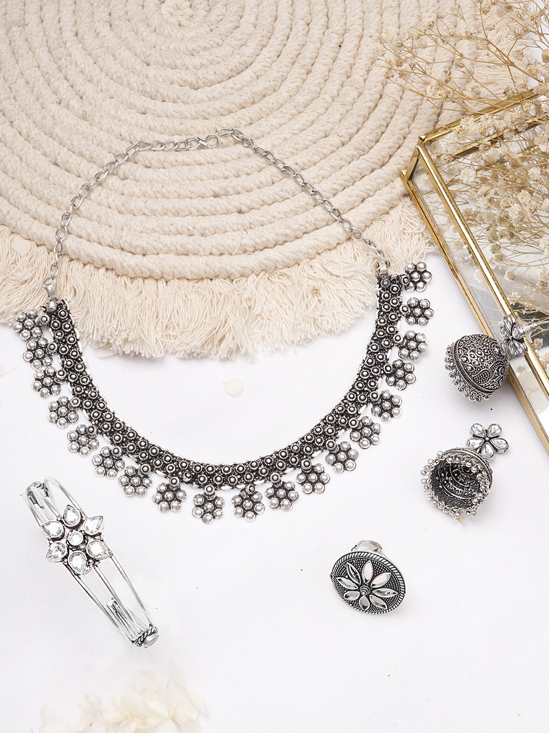 

TEEJH Silver-Toned & White Stone-Studded Oxidised Teejh Gangika Jewellery Set