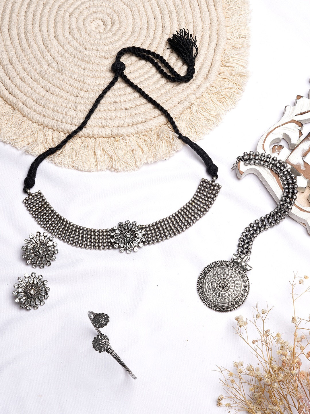 

TEEJH Silver-Toned & White Stone Studded Oxidised Jewellery Set