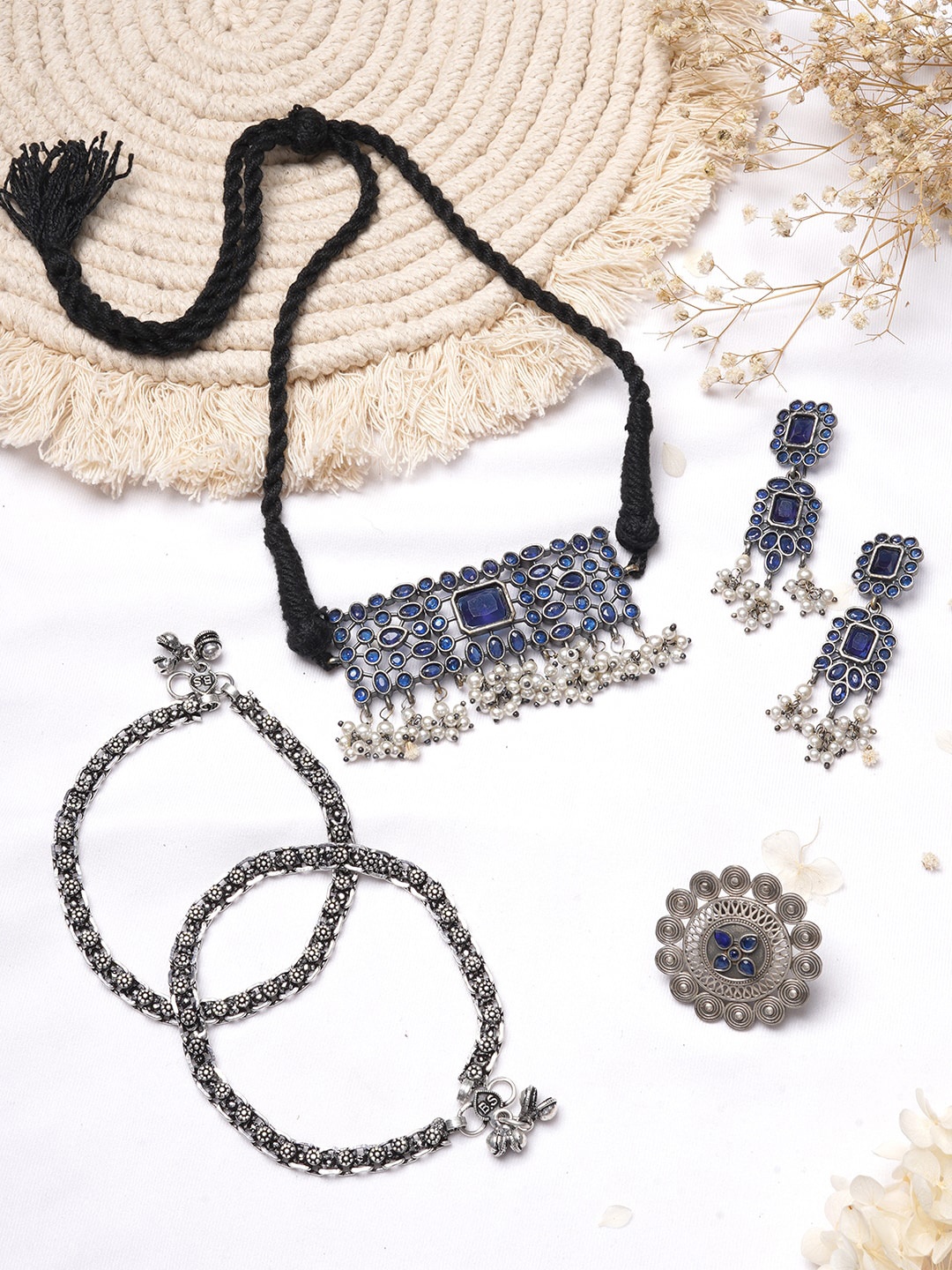 

TEEJH Oxidised Silver-Toned & Blue Stones-Studded Jewellery Set