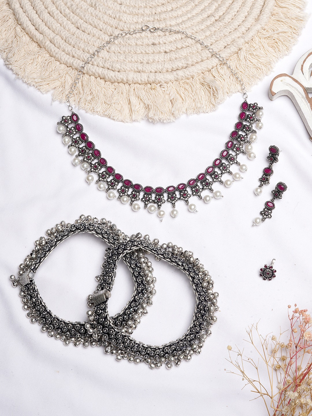 

TEEJH Silver-Toned Red Stone-Studded & Beaded Oxidised Jewellery Set