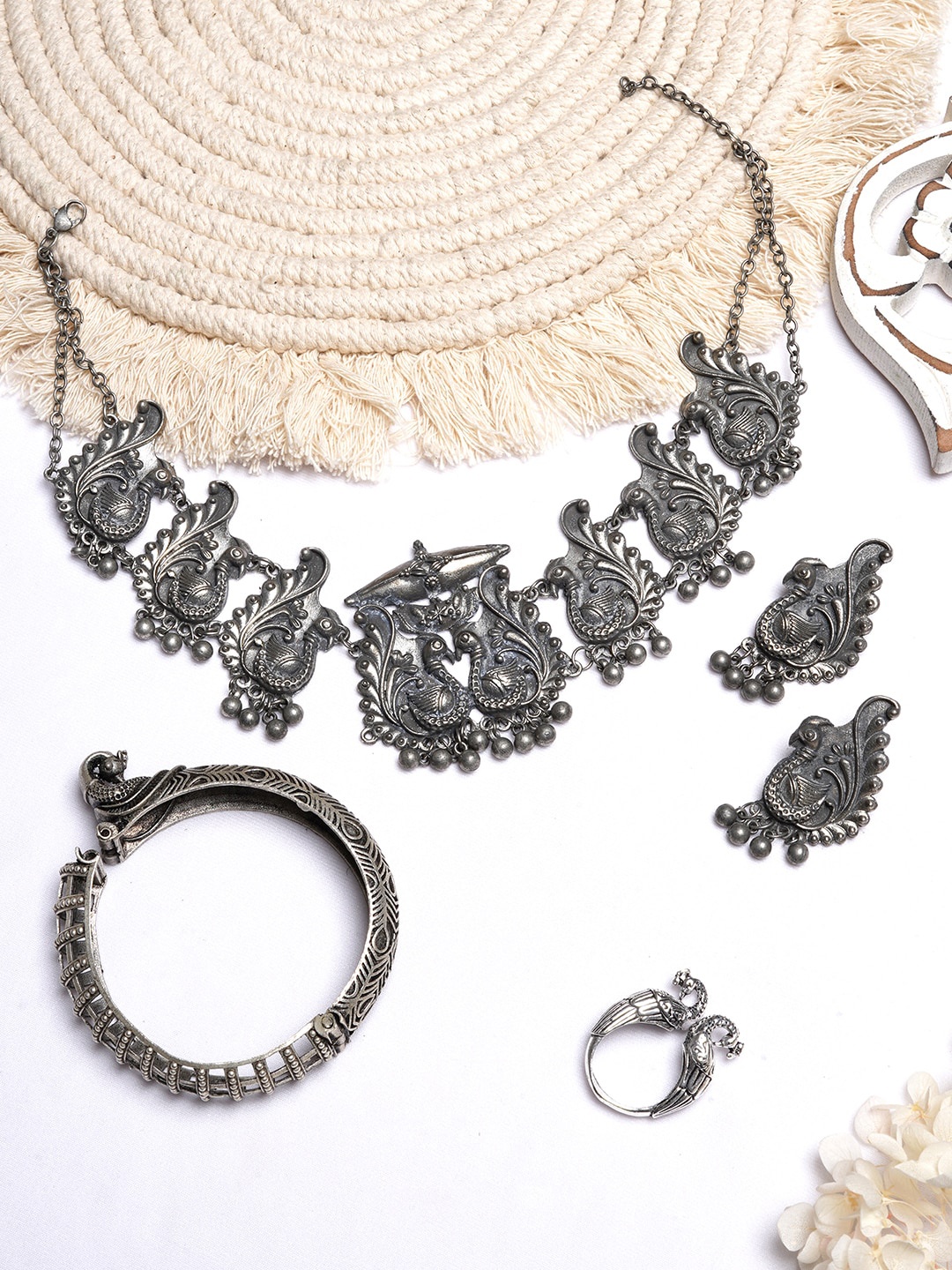 

TEEJH Silver-Toned Ghungroo Oxidised Jewellery Set