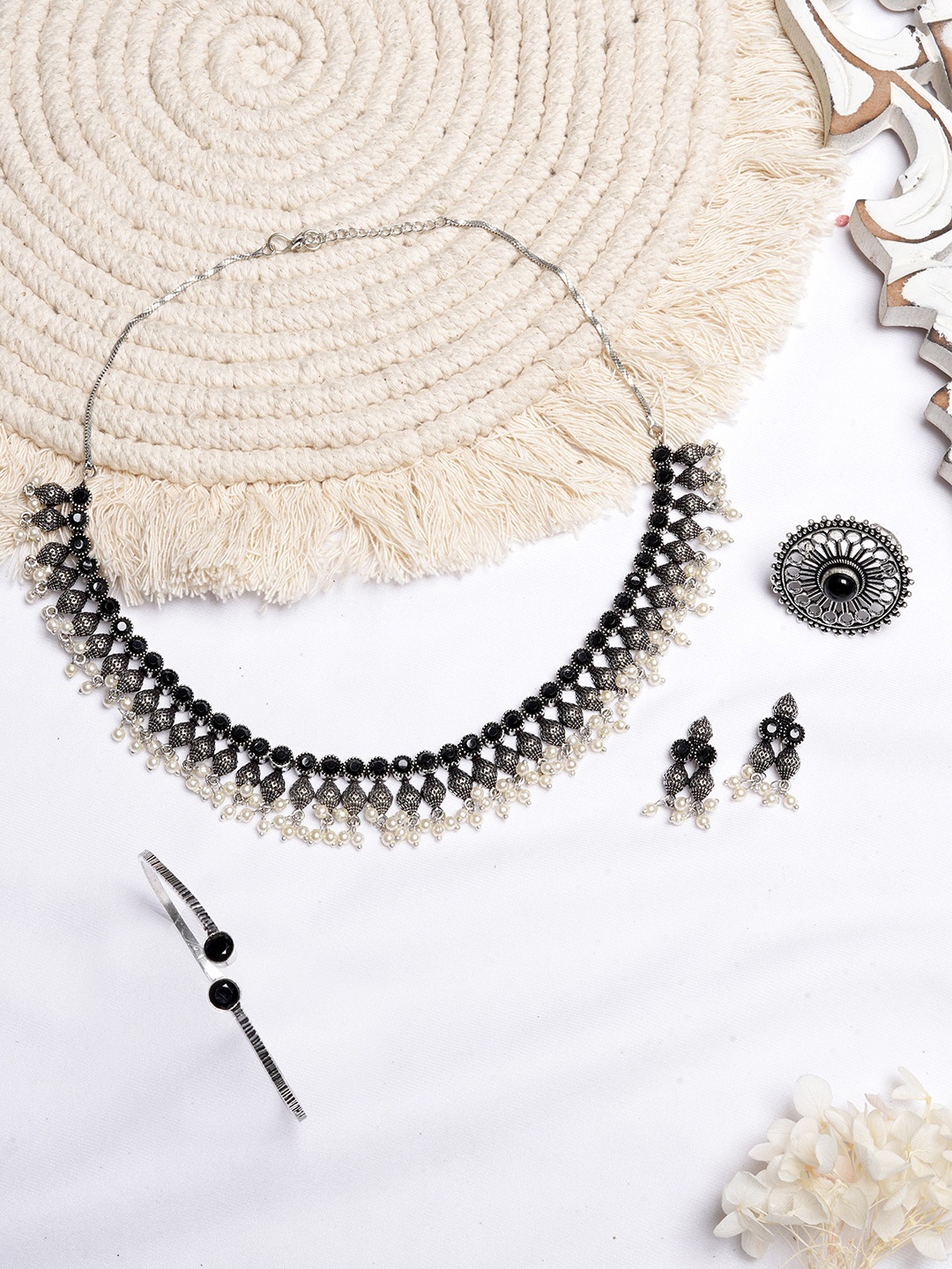 

TEEJH Silver-Toned & Black Stone Studded Oxidised Jewellery Set
