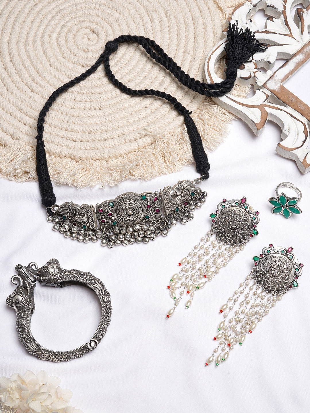 

TEEJH Oxidised Silver-Toned Green & Pink Stone-Studded Jewellery Set