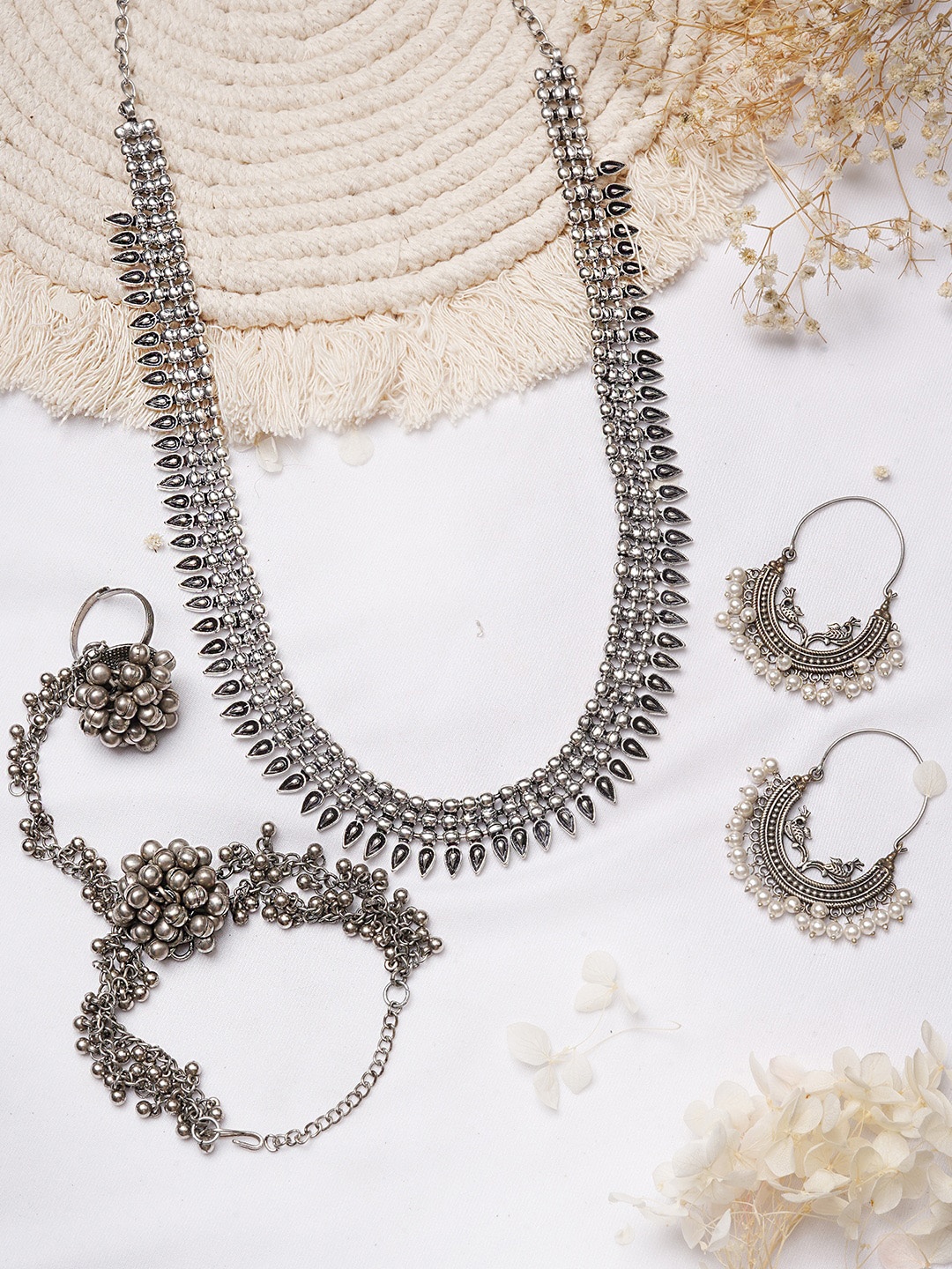 

TEEJH Oxidised Silver-Toned White Beaded Jewellery Set
