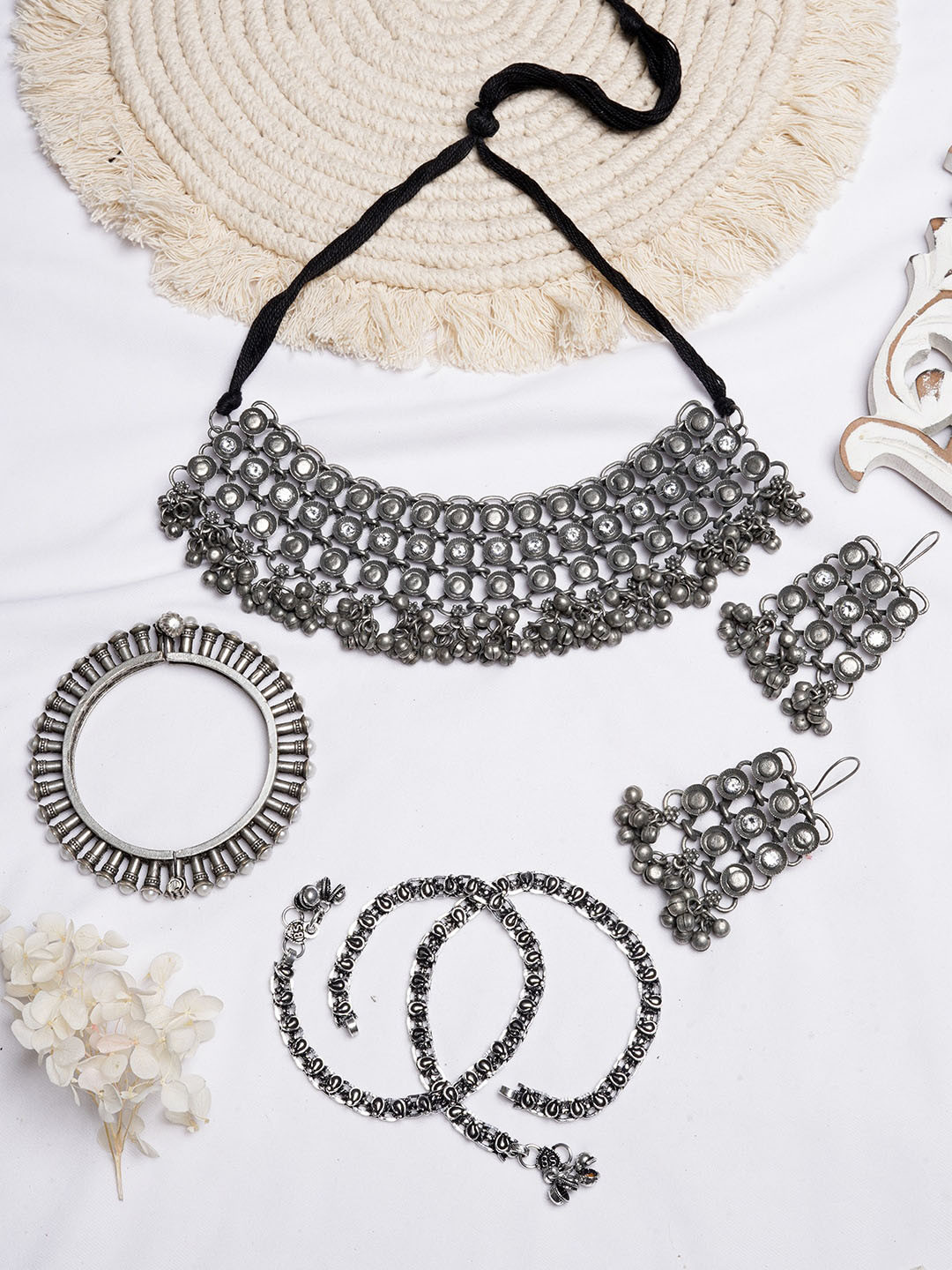 

TEEJH Oxidised Silver-Toned & White Stone Studded Jewellery Set
