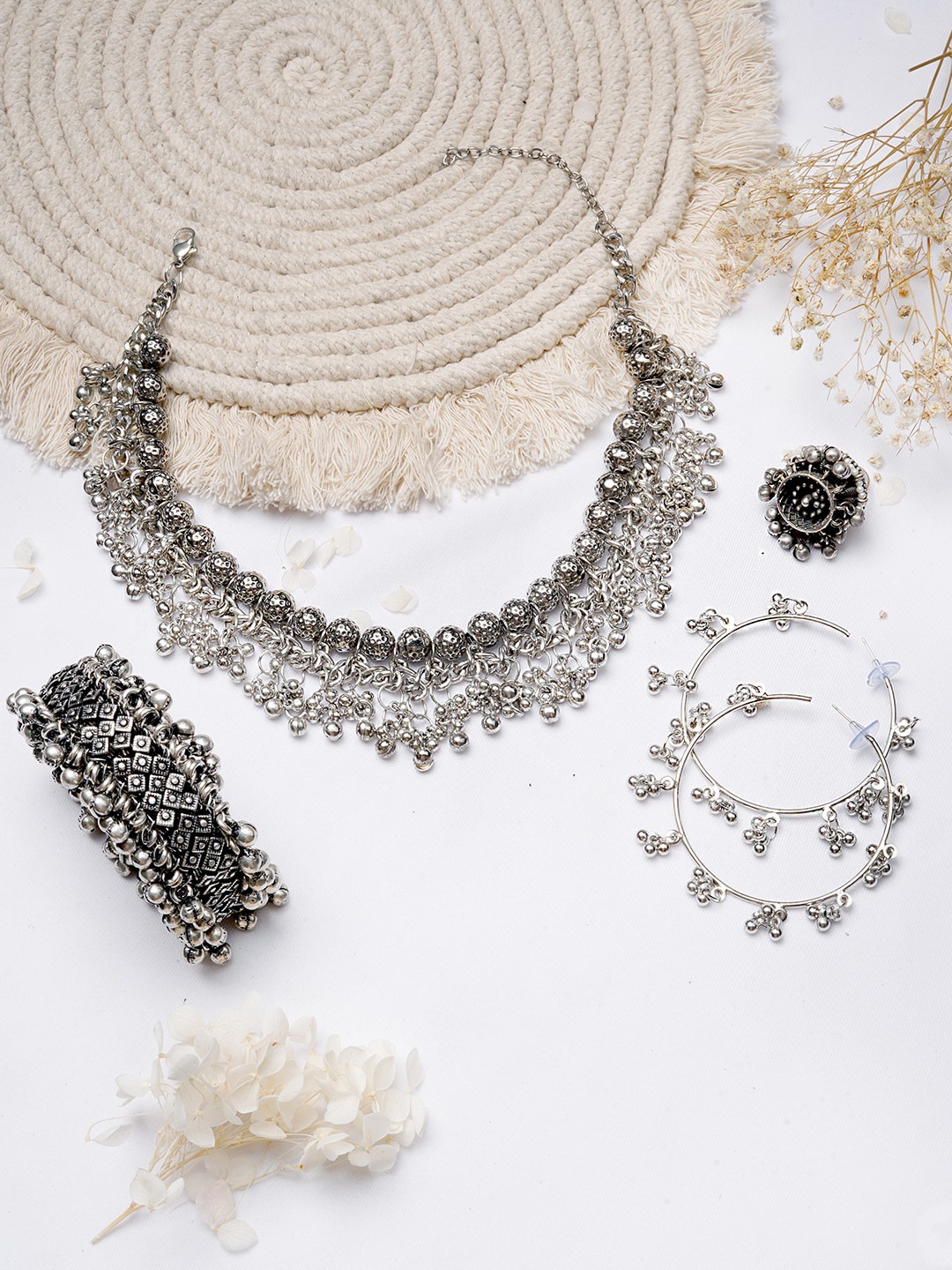 

TEEJH Silver-Toned Ghungroo Oxidised Jewellery Set