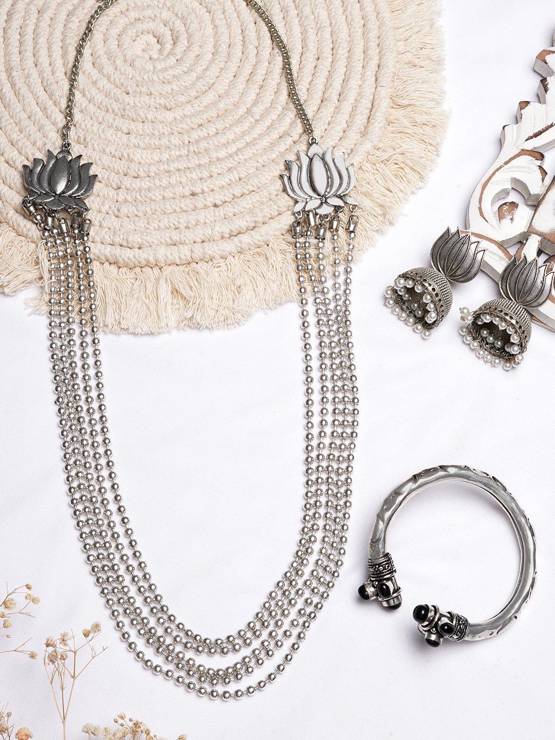 

TEEJH Silver Toned Black Stone Studded Oxidised Jewellery Set