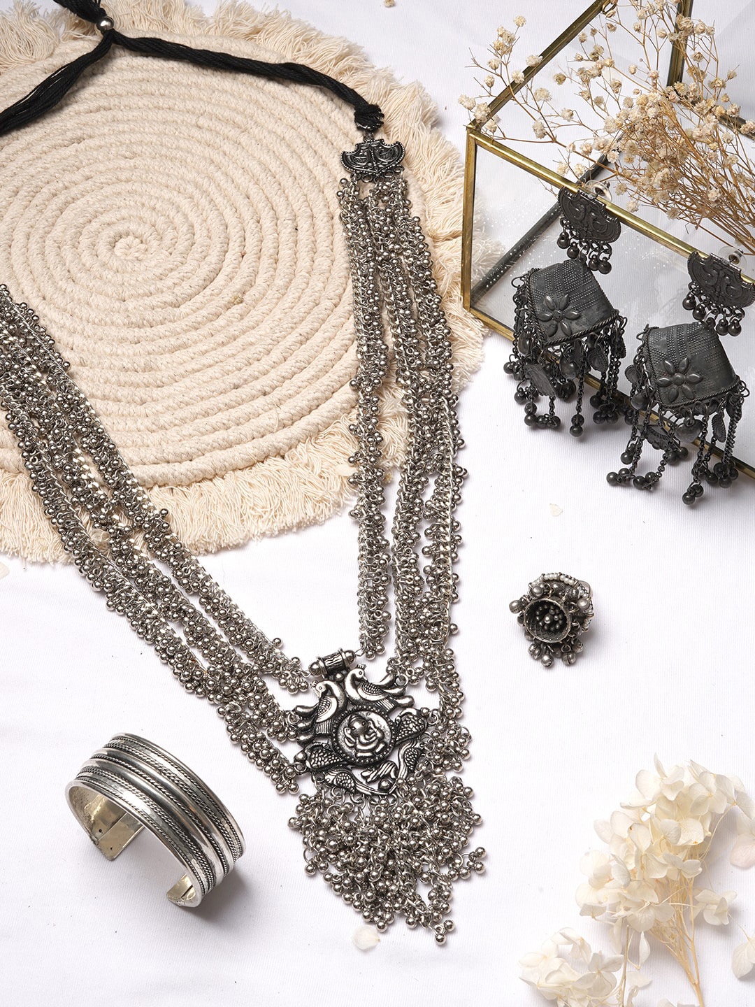 

TEEJH Silver Toned Ghungroo Oxidised Jewellery Set