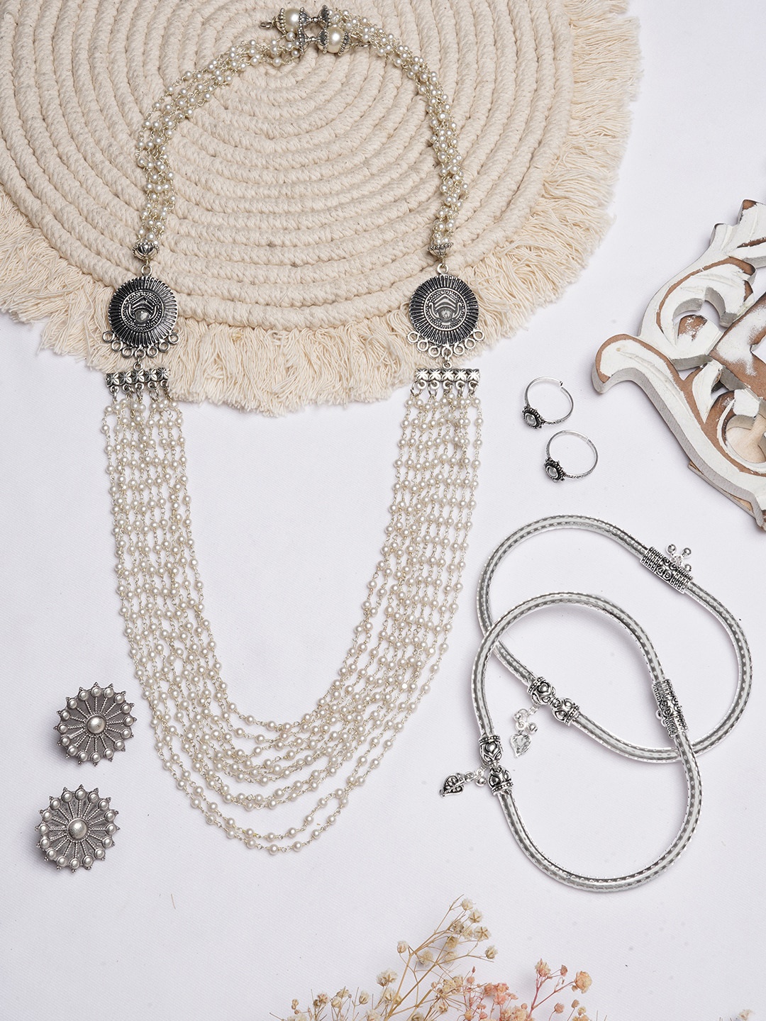 

TEEJH Oxidised Silver-Toned White Beaded Jewellery Set