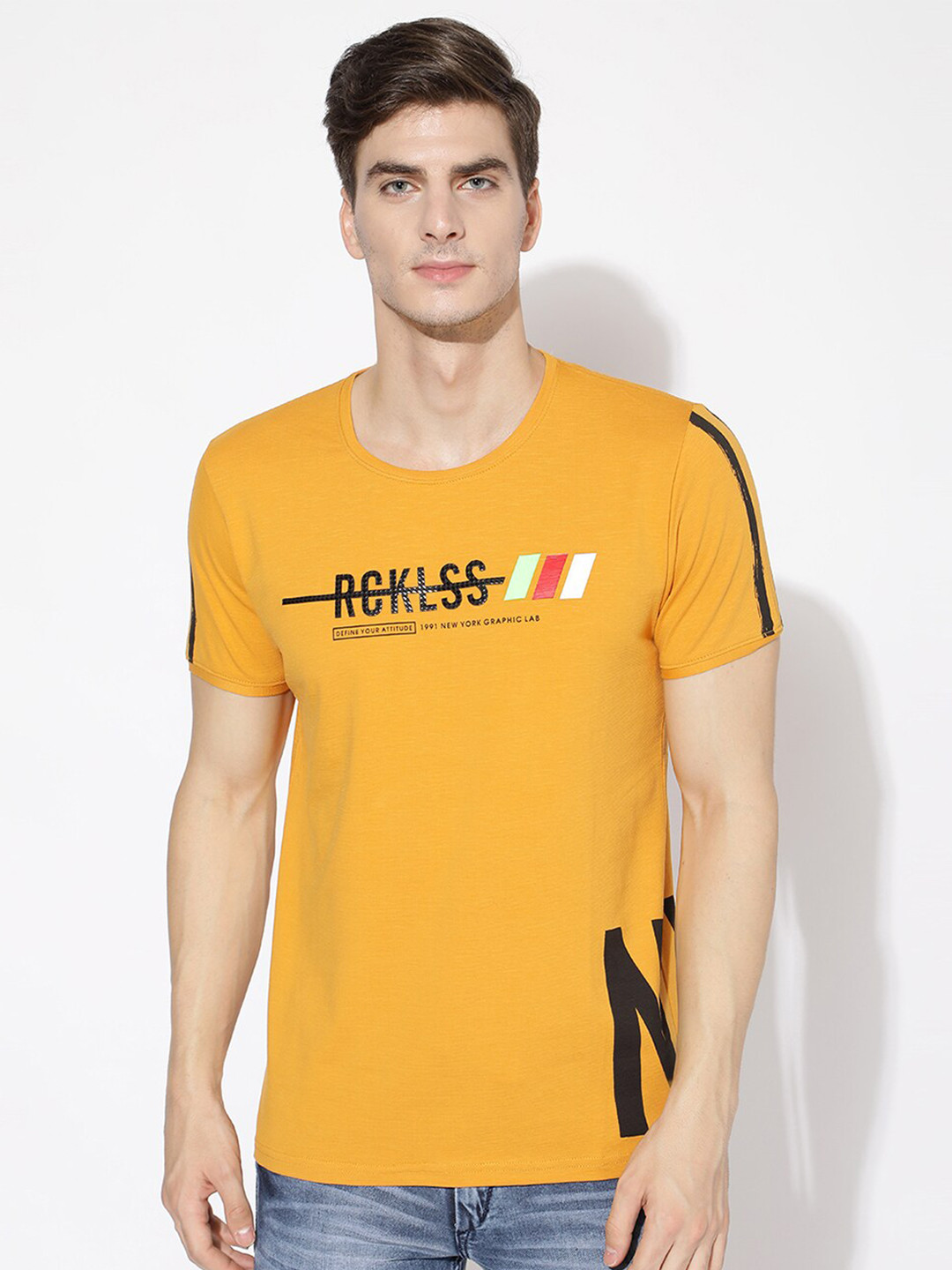 

V2 Value & Variety Men Mustard Yellow Typography Printed T-shirt