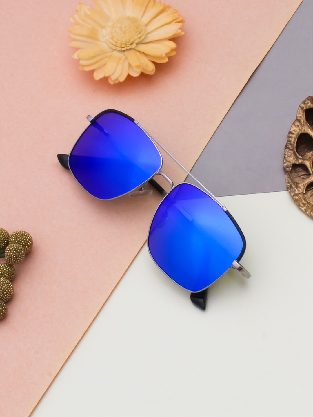 

Ted Smith Unisex Blue Lens & Silver-Toned Square Sunglasses with Polarised Lens