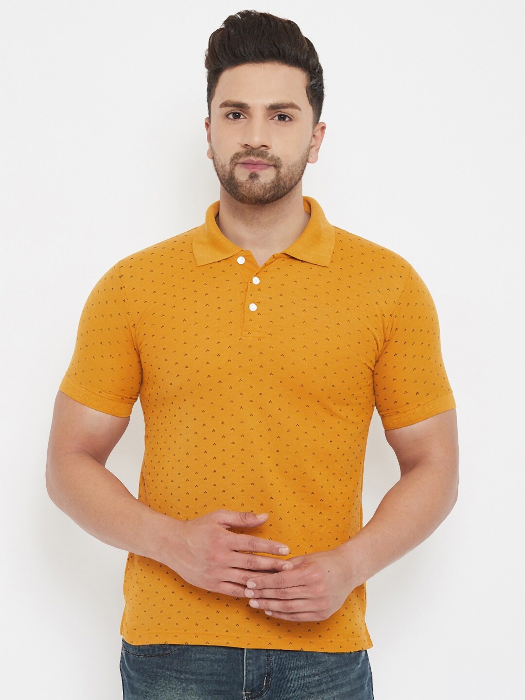 

THE MILLION CLUB Men Mustard Yellow Printed Polo Collar T-shirt