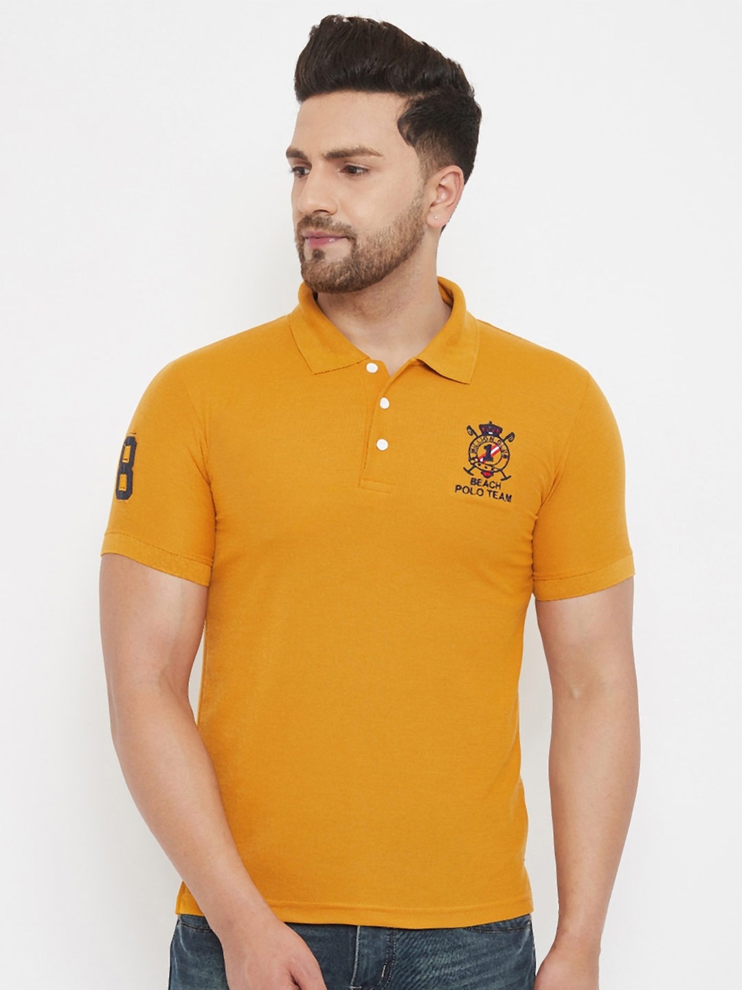 

THE MILLION CLUB Men Mustard Yellow & Black Solid Polo Collar T-shirt