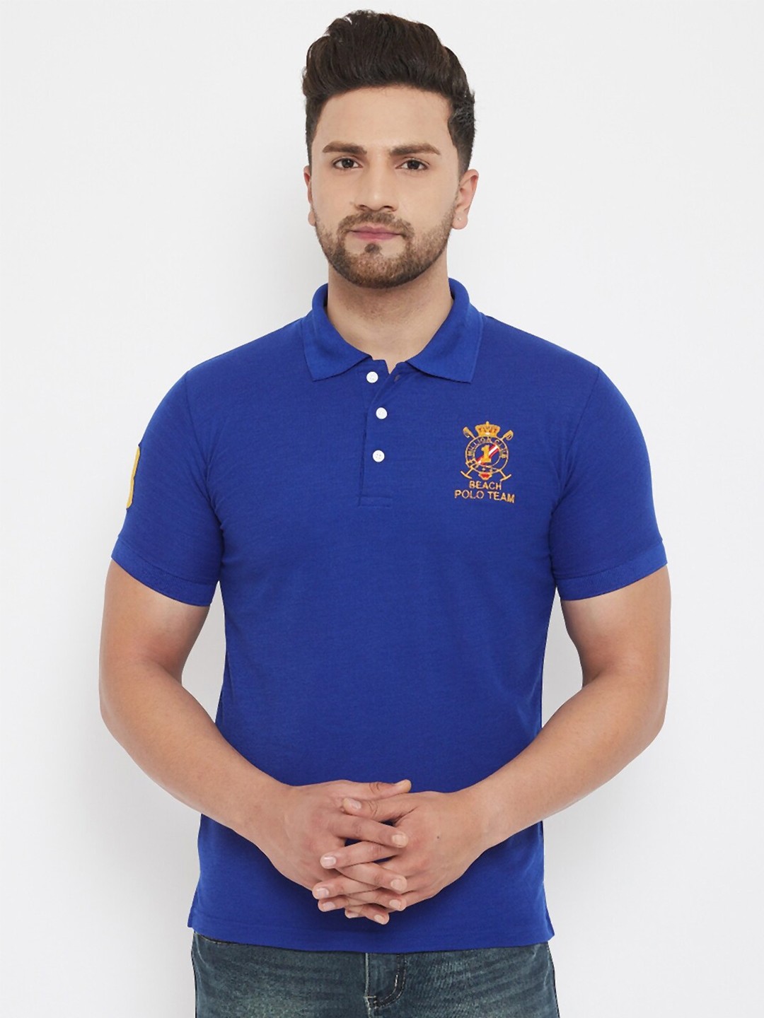 

THE MILLION CLUB Men Blue Polo Collar Applique T-shirt