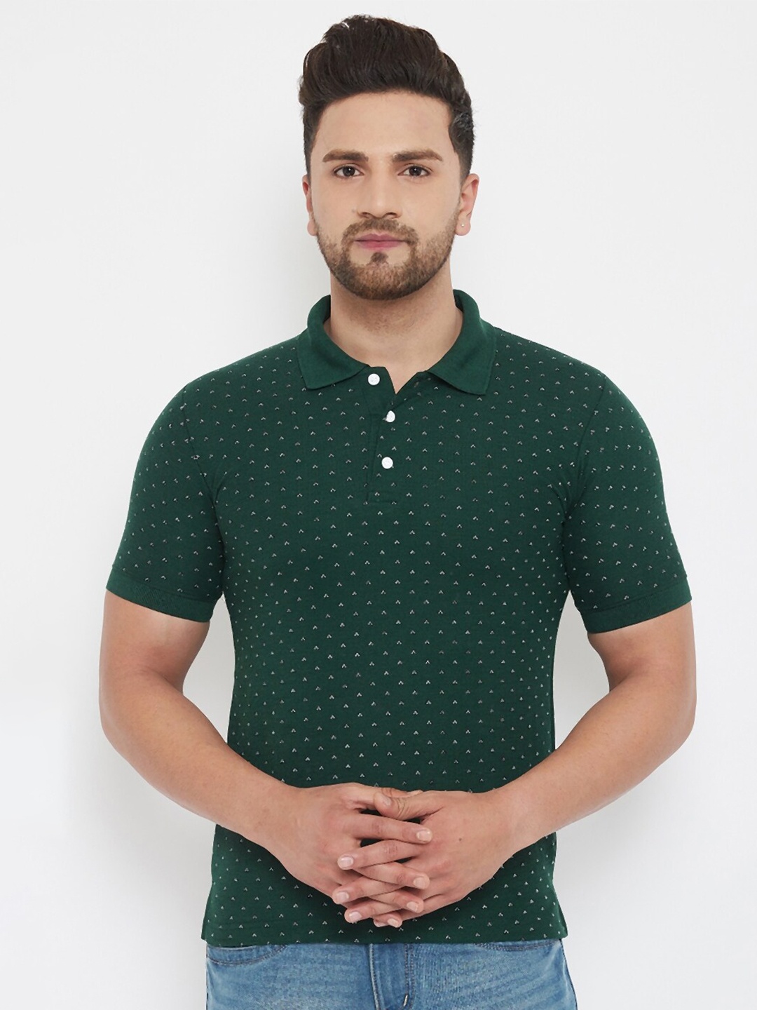 

THE MILLION CLUB Men Green & White Printed Polo Collar Pockets T-shirt