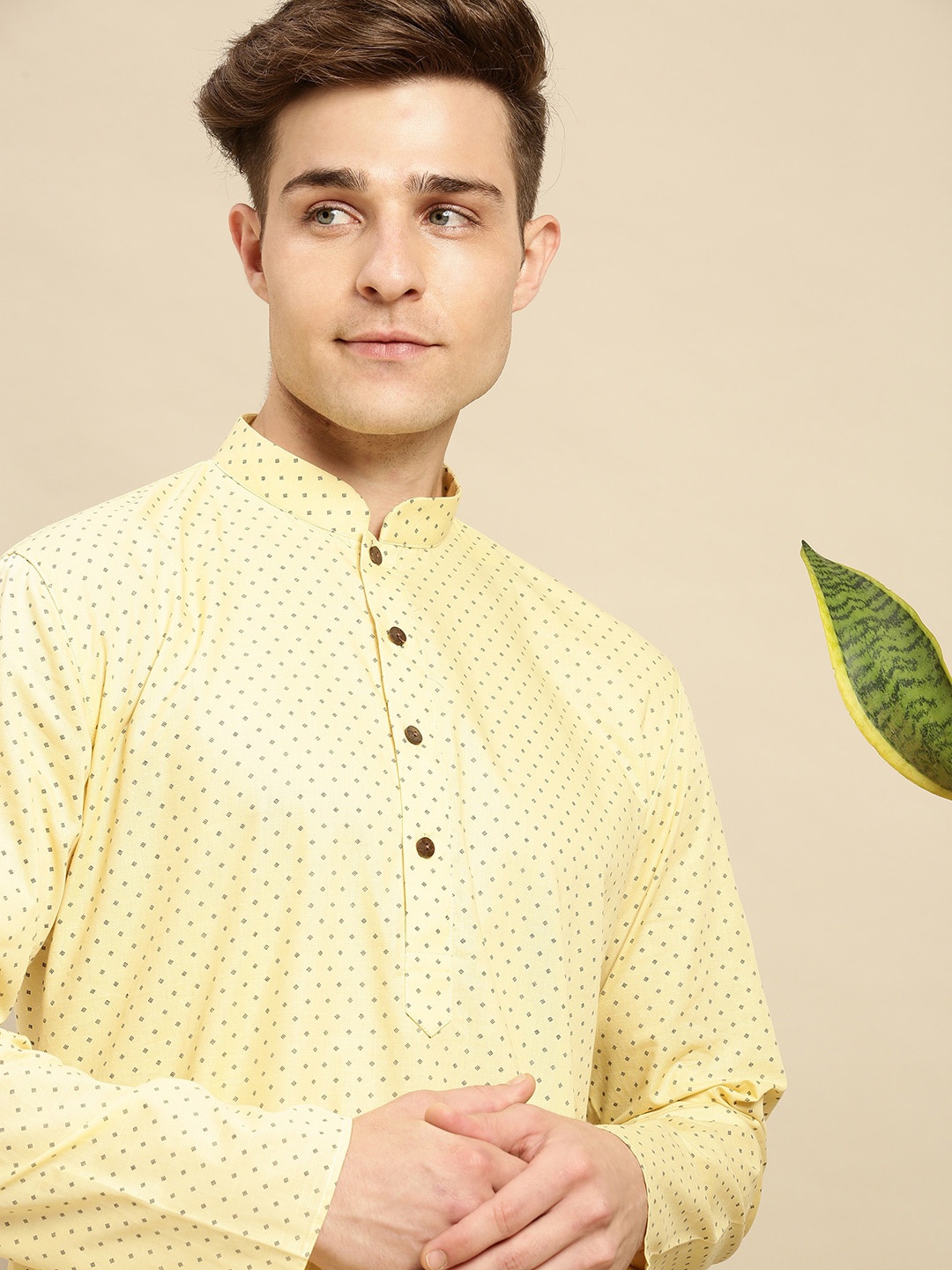 

Sanwara Men Yellow Printed Kurta with Churidar
