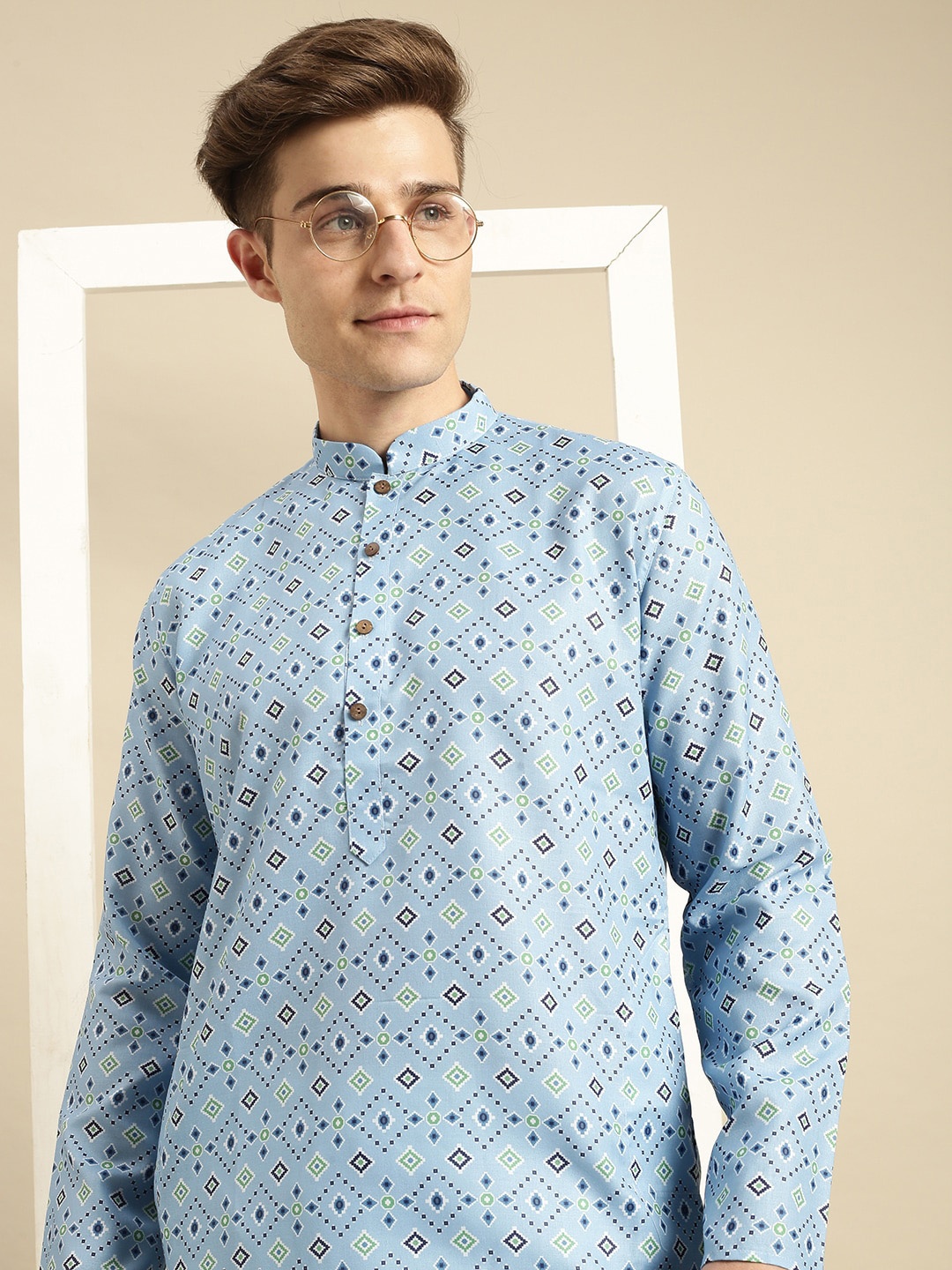 

Sanwara Men Blue Cotton Ethnic Motifs Printed Kurta with Pyjamas