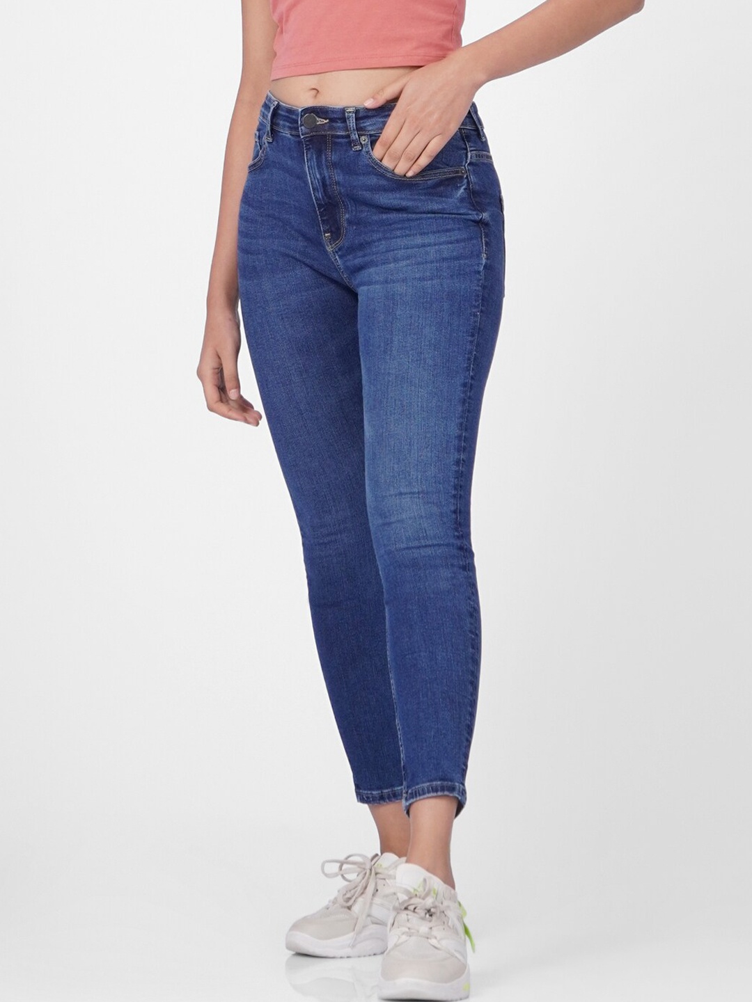 

ONLY Women Blue Skinny Fit High-Rise Low Distress Light Fade Jeans